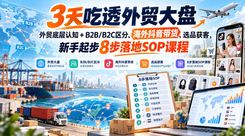 3天吃透外贸大盘，外贸底层认知+B2B/B2C区分、海外抖音带货、选品获客，新手起步8步落地SOP课程