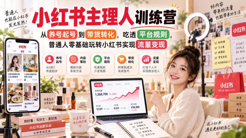 小红书主理人训练营,从养号起号到带货转化,吃透平台规则,普通人零基础玩转小红书实现流量变现