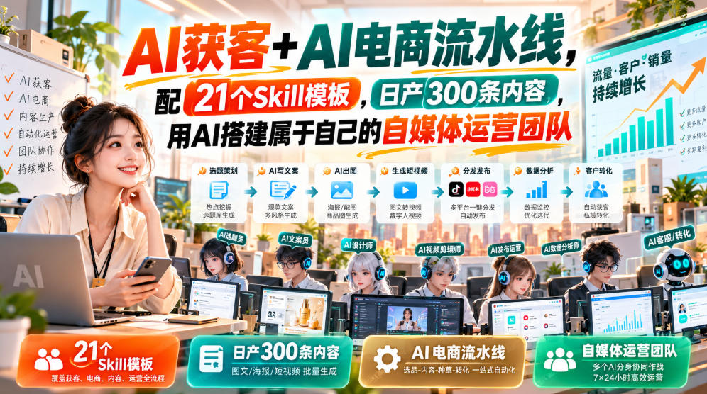 【无水印】AI获客+AI电商流水线,配21个Skill模板,日产300条内容,用AI搭建属于自己的自媒体运营团队(更新0929)