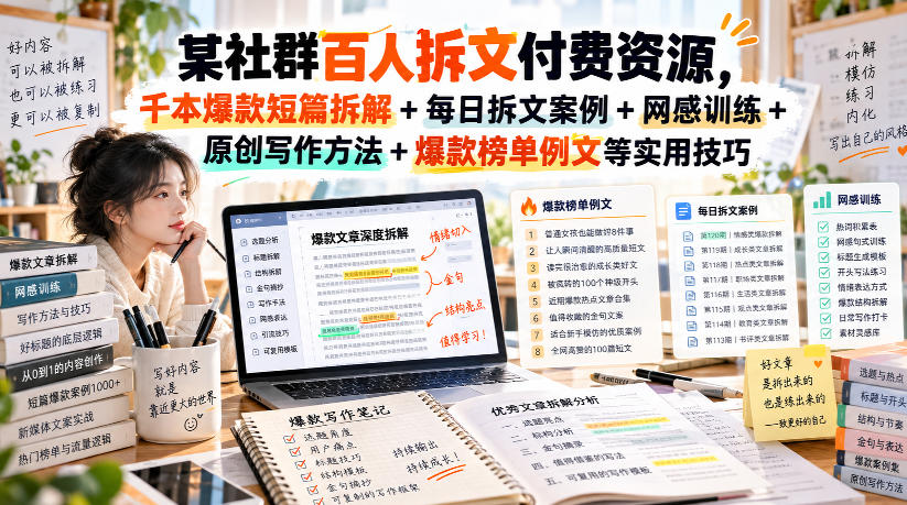 (无水印)某社群百人拆文付费资源,千本爆款短篇拆解+每日拆文案例+网感训练+原创写作方法+爆款榜单例文等实用技巧(更新0929)
