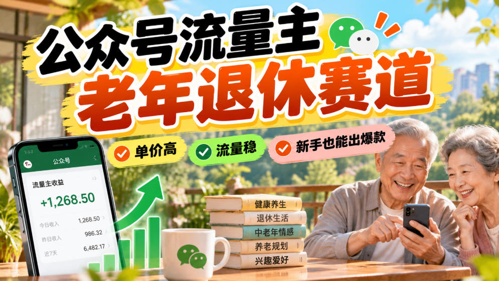 公众号流量主老年退休赛道,单价高,流量稳,新手也能出爆款