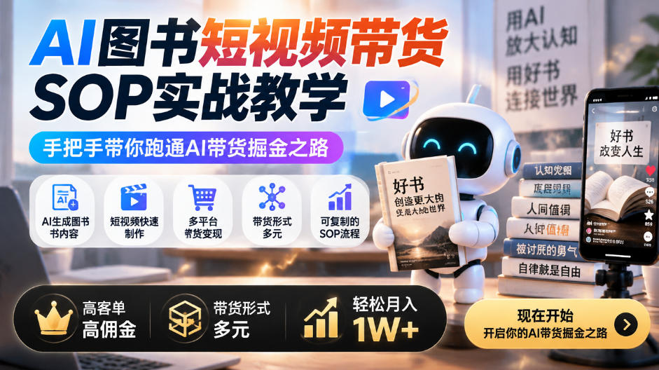 AI图书短视频带货SOP实战教学,手把手带你跑通AI带货掘金之路,高客单高佣金,带货形式多元,轻松月入1W+(更新1012)