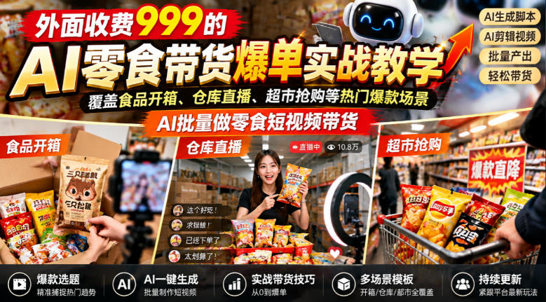 外面收费999的AI零食带货爆单实战教学,覆盖食品开箱、仓库直播、超市抢购等热门爆款场景,AI批量做零食短视频带货(更新1019)