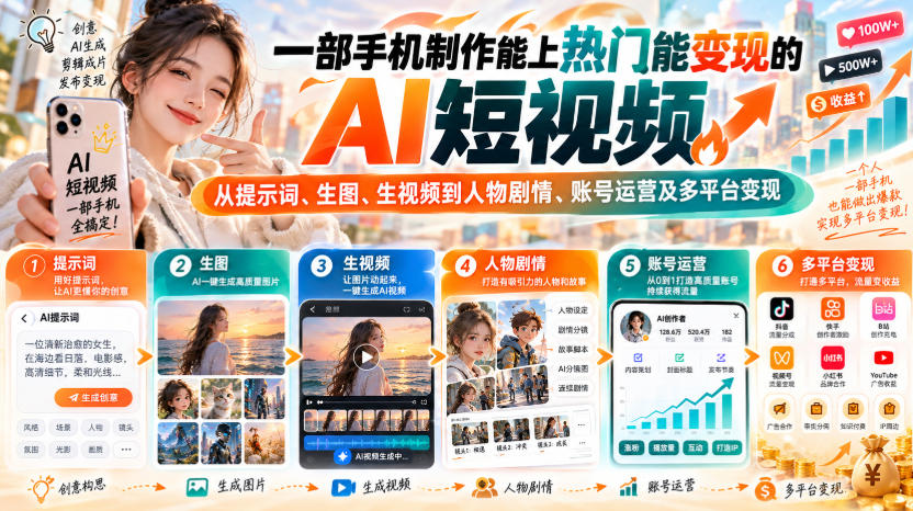 【无水印】一部手机制作能上热门能变现的AI短视频,从提示词、生图、生视频到人物剧情、账号运营及多平台变现(更新)