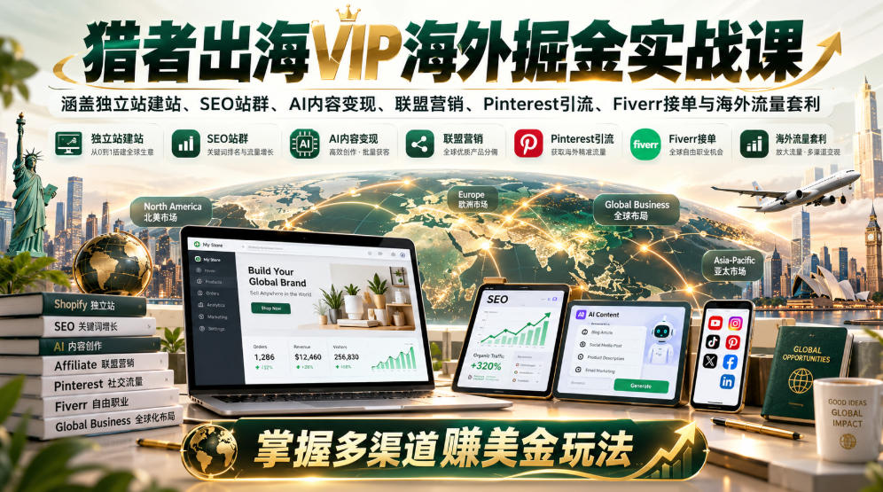 猎者出海VIP海外掘金实战课：涵盖独立站、SEO站群、AI变现、联盟营销、Pinterest引流、Fiverr接单与海外流量套利，掌握多渠道賺美金玩法
