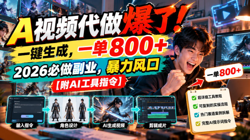 A视频代做爆了!一键生成,一单800+,2026必做副业,暴力风口【附AI工具指令】