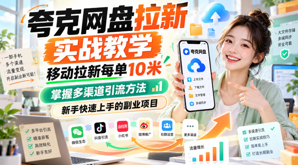 夸克网盘拉新实战教学,移动拉新每单10米,掌握多渠道引流方法,新手快速上手的副业项目(更新1028)