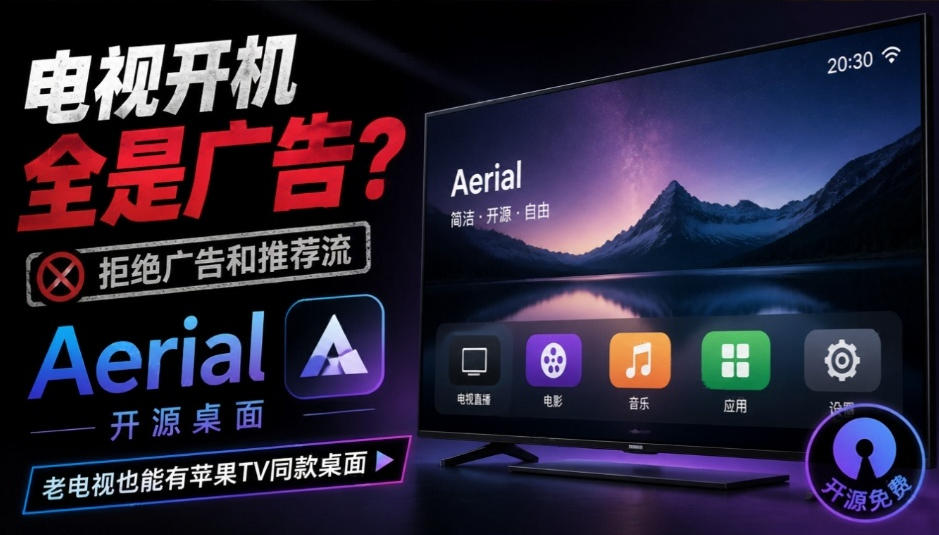 电视开机全是广告和推荐流?Aerial开源桌面,老电视也能用Apple TV同款桌面,这下子真得收藏了