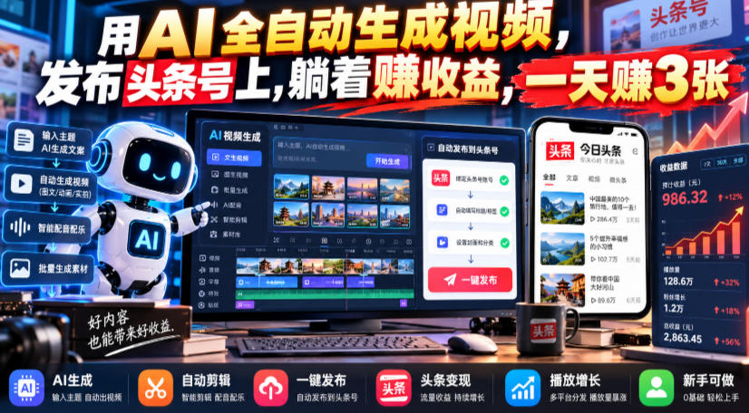 用AI全自动生成视频,发布头条号上,躺着賺收益,一天賺3张