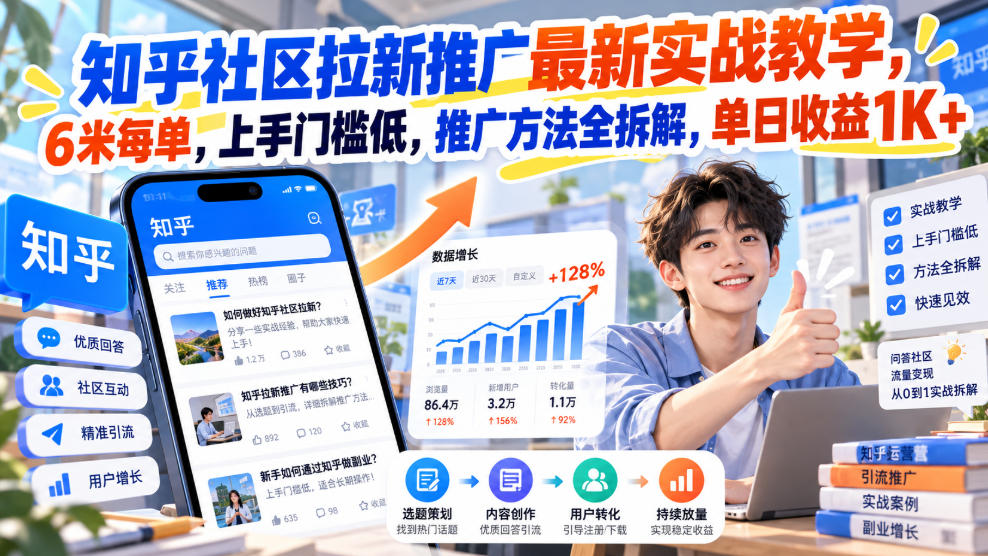 知乎社区拉新推广最新实战教学，6米每单，上手门槛低，推广方法全拆解，单日收益1K+！（更新1015）