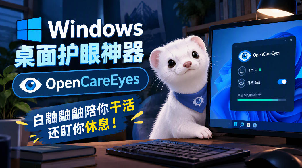Windows桌面护眼神器OpenCareEyes,白鼬鼬鼬陪你干活还盯你休息!