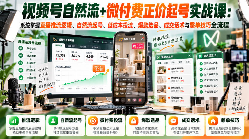 视频号自然流+微付费正价起号实战课：系统掌握直播推流逻辑、自然流起号、低成本投流、爆款选品、成交话术与憋单技巧全流程