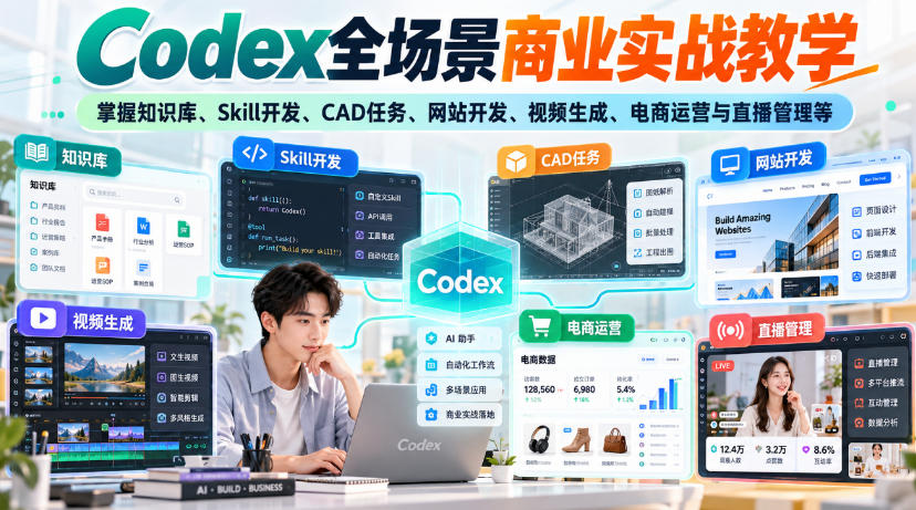 Codex全场景商业实战教学,掌握知识库、Skill开发、CAD任务、网站开发、视频生成、电商运营与直播管理等(更新1010)