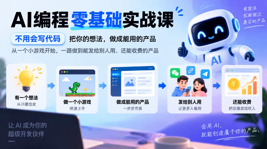 AI编程零基础实战课,不用会写代码,把你的想法,做成能用的产品,从一个小游戏开始,一路做到能发给别人用、还能收费的产品(更新1029)