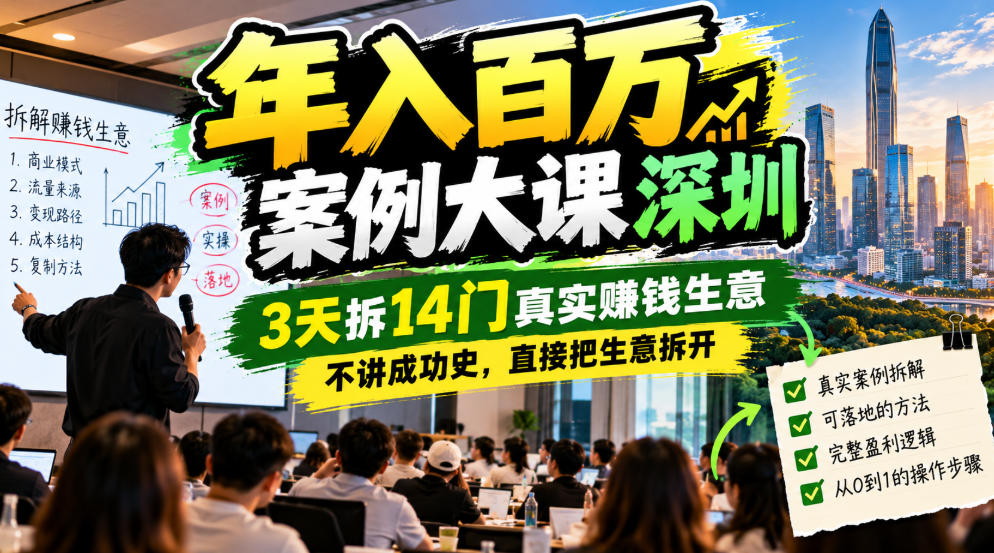 年入百W案例大课深圳，3天拆14门真实賺钱生意，不讲成功史，直接把生意拆开