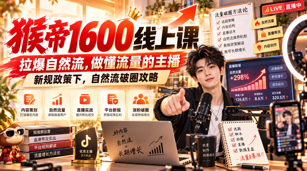猴帝1600线上课,拉爆自然流,做懂流量的主播,新规政策下,自然流破圈攻略【更新261017】